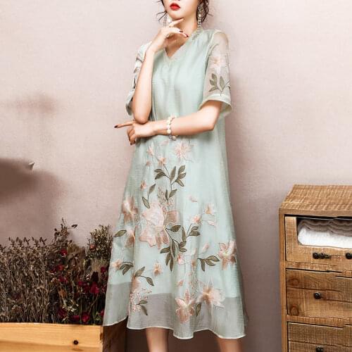 2021 New Fashion Elegant Womens Chiffon Embroidery Floral Dress Female Casual Style Summer V-Neck Dresses