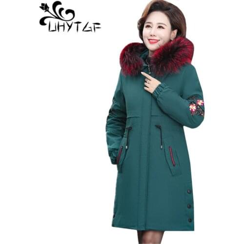 UHYTGF Women Winter Coat Fashion Embroidery Down Cotton Elegant Jacket Plus velvet Thicken Warm 5XL Plus size Parker Female 1815