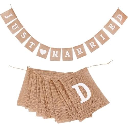 1pcs JUST MARRIED Burlap Banner Wedding Photo Props Jute Burlap Bunting Pennant Wedding Bridal Shower Party Decorations Supplies