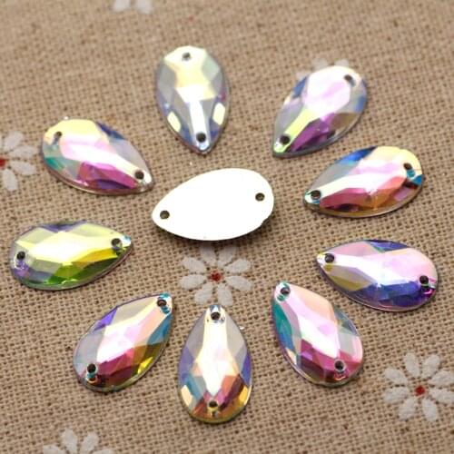10.5*18mm 200pcs Waterdrop Crystal AB Color Silver Base acrylic Sew On Rhinestone Sew On Stones buttons for Garment Jewelry