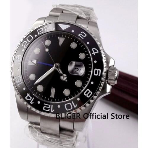 BLIGER Sterile Dial Sapphire Crystal Automatic Mens Watch With Date Window Blue GMT Hand Ceramic Bezel 40mm Watch Case