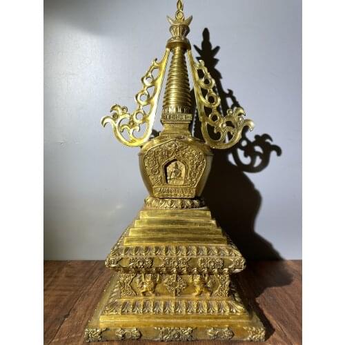 18" Tibet temple collection Old Bronze Cinnabar Gilt Ashoka Relic Pagoda pagoda Sakyamuni Enshrine the Buddha Town House