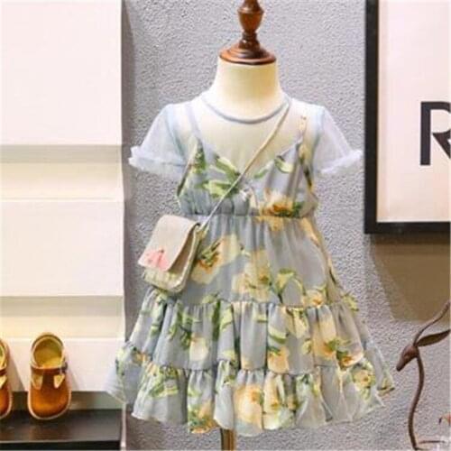 Girls Set Childrens clothing 2018 Korean Summer Fresh Sweet Lily Princess Mesh dress Floral fake Two