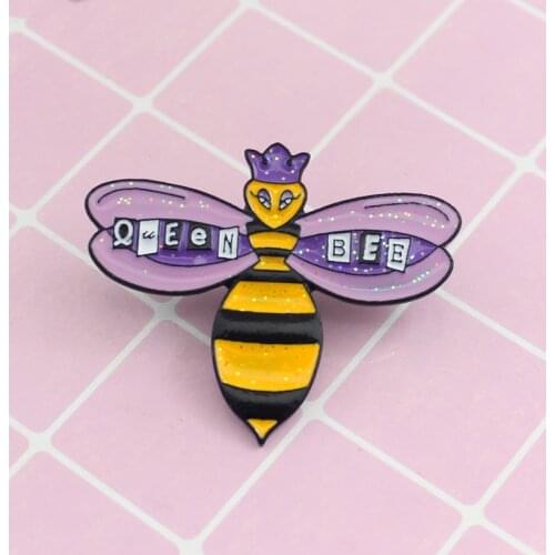 Queen Bee Enamel Pin Purple Crown Wings Brooch Denim Jeans shirt bag Pink Cute Animal Jewelry gift for Friends Girls