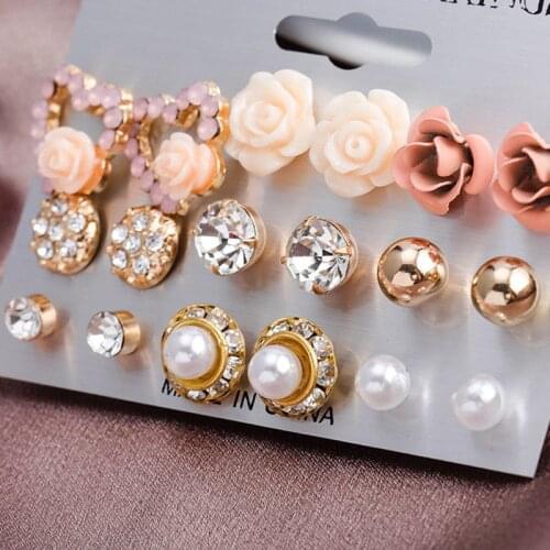Hot 2019 Elegant 9 Pairs/Set Womens Pearl Flower Crystal Studs Earrings Girls Elegant Rose Flower Heart Ear Jewelry Gift hot