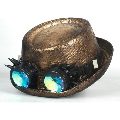 Men Leather Fedora Hat Gold Pork Pie Hat Gear Glasses Flat Top Hat For Gentleman Bowler Gambler Cosplay Hat
