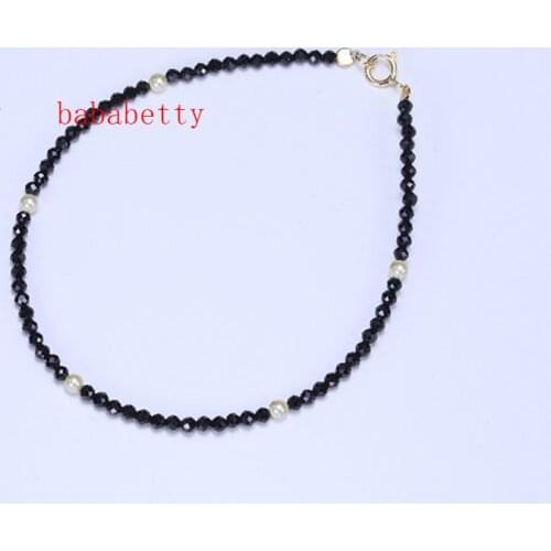 Natural Tiny Shining Black Spinels 2-3MM Freshwater pearl 3-4MM Bracelet 7"925 Sterling Silver clasp
