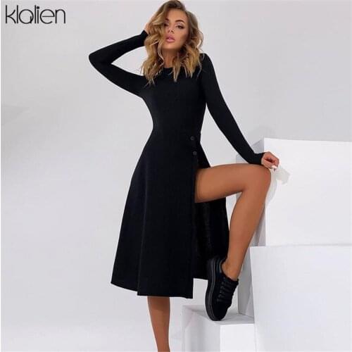 KLALIEN Fashion Elegant Office Lady Solid Knit Sweater A-Line Long Dress Autumn New Casual O Neck Split Dress Women Streetwear