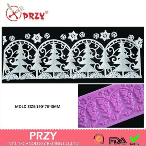 Christmas Tree Fondant Cake Decoration Border Silicone Mold Cake Art Lace Mat Silicone Fondant Lace Mould Silicone Rubber PRZY