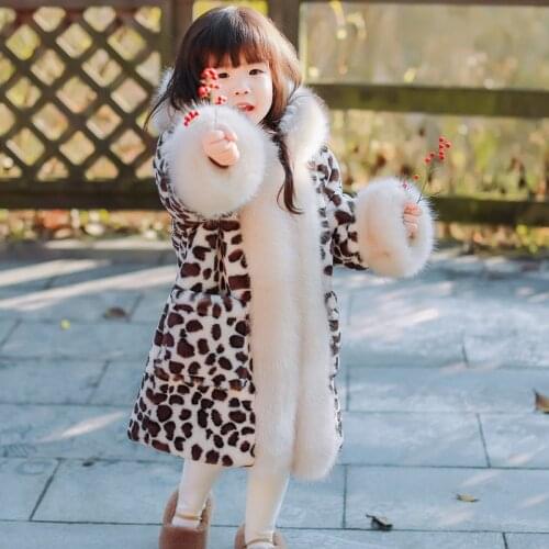 Girls Hooded Thick Fur Long Sleeve Windbreak Leopard Design Warm Winter Outdoor Jacket Coats Mid-Long Design Girls Coats