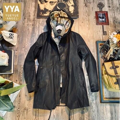 Gothic Mens Hoody Windbreaker Trench Coat Mid Long Cowhide Genuine Leather Jacket Male Casual Streetwear Bikers Leather Jackets