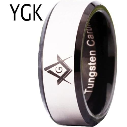 YGK BRAND JEWELRY 8MM Black Beveled Masonic Master Freemason Mason Mens Tungsten Wedding Ring for Men and Women