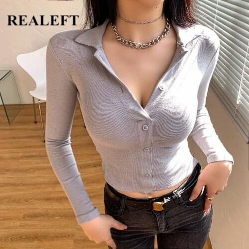 REALEFT 2021 New Autumn Winter Knitted Women Short T-Shirts Long Sleeve Turn-down Collar Knitwear Shirts Solid Female Slim Tops