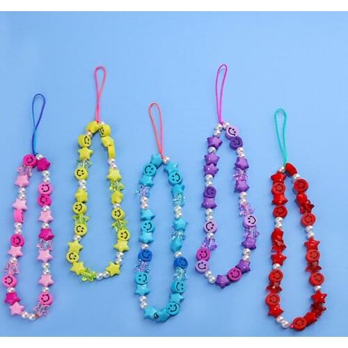 Star Smiling Face Anti Loss Mobile Phone Chain Beaded Lanyard Charm Strap Bracelet Telephone Lanyard Collares Jewelry Women