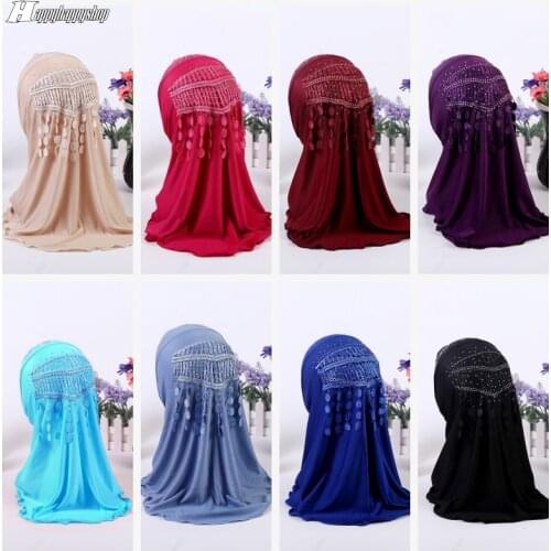 3-8 Years Kids Hijab Muslim Girls Tassles Turban Hat 1PCS Amira Cap Head Wrap Arab Headscarf Prayer Shawls Children Headwear