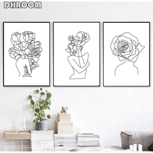 Woman Flower Art Single Line Wall Art Fashion Poster Abstract Face Canvas Painting Prints Decoration Picture Living Room Decor