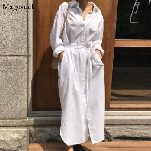 Long Sleeve Turn Down Collar White Shirt Dress Women 2021 Spring Sashes Long Dresses Casual Button Woman Dress Vestidos 12806