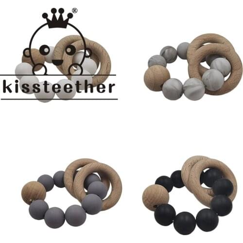 Kissteether 1pcs Baby Teether Care Bracelet Food Grade Silicone Beads Wooden Ring Natural Safety Baby Bracelet Teether Toy