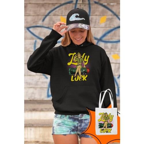 Angemiel Wear Lady Luck Füzeye Fitting Black Women Hooded Sweatshirt Bags Kombin