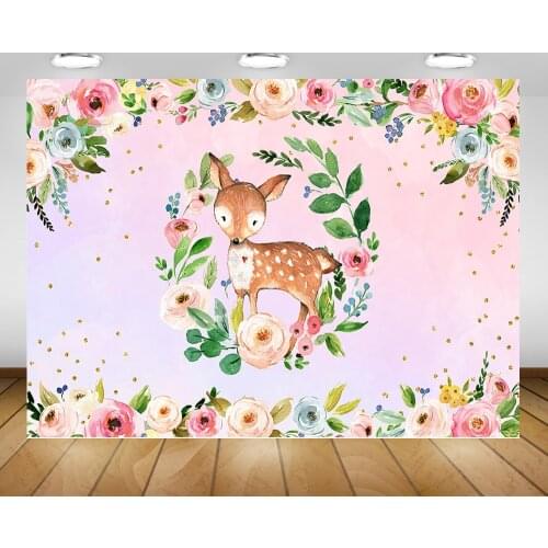 Floral Deer Birthday Photography Backdrop for Photo Shoot Rose Green Leaf Wedding Photo Background Animal Woodland Jungle Forest