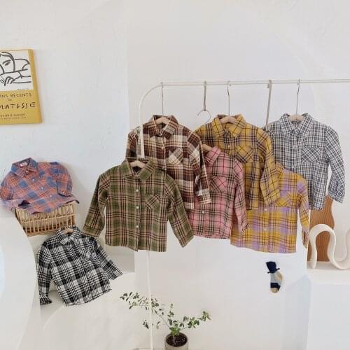Childrens Plaid Shirt 2021 Spring Autumn New Korean Black and White Plaid Shirt Boys and Girls British Top Tees Toddler Blouse