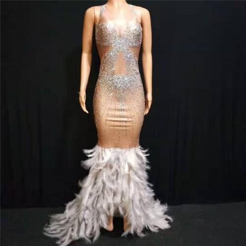 D85 Ballroom dance long dresses women performance wears feather skirt party bodysuit dj Rhinestone trailing dress outfits clothe
