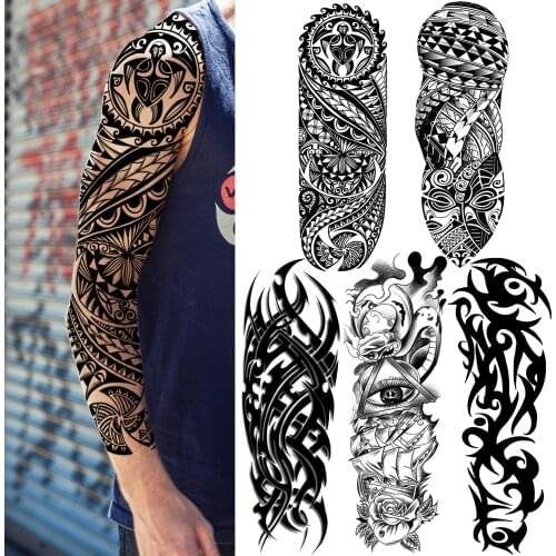 India Maori Totem Temporary Tattoo For Men Women Full Sleeve Black Bramble Tribal Tattoos Sticker Fake Geometric Eye Tatoo Paper