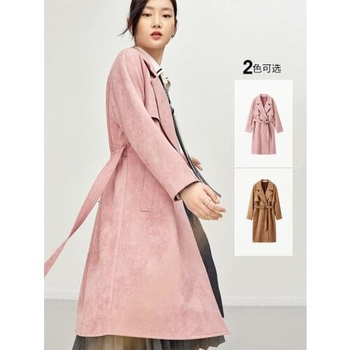 Double row button cashmere windbreaker coat womens autumn waist closing temperament fashionable medium and long