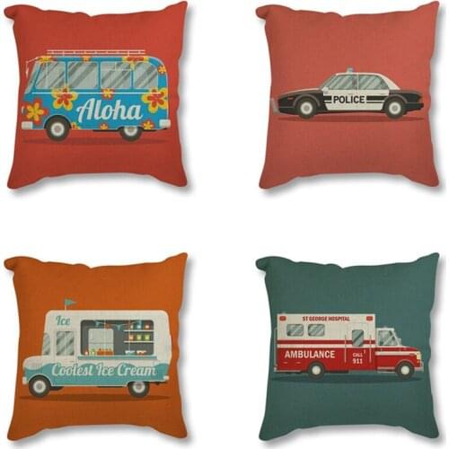 Kawaii Cartoon Rainbow Bus Travel Trip Car Print Linen Cushion Cover For Sofa Chair Decorative Cushion Throw Pillow Case 45x45cm