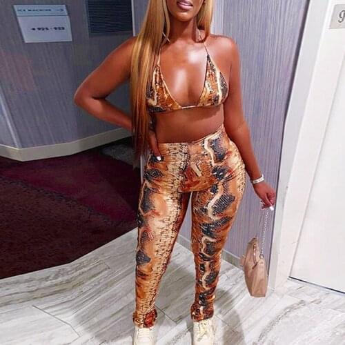 Uclio Printed 2 Piece Sets Women Streetwear Fashion Skinny Sexy Sleeveless Halter and Zipper Pants Outfits