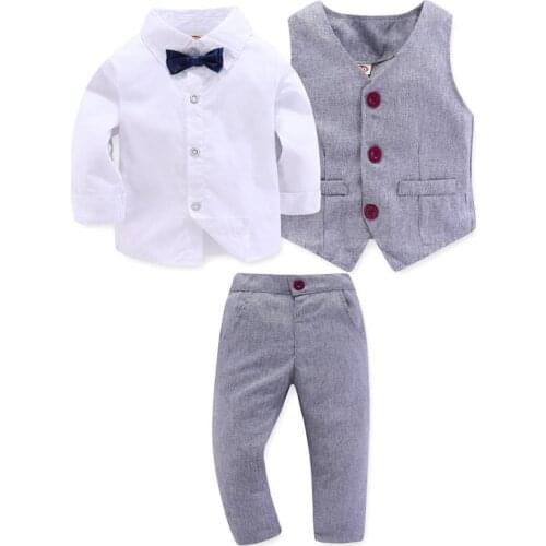 Kid Boy Clothes Gentleman Grey Vest + Long-Sleeved White Pink Shirt + Pants Four-Piece Suits Infant Children Outfits