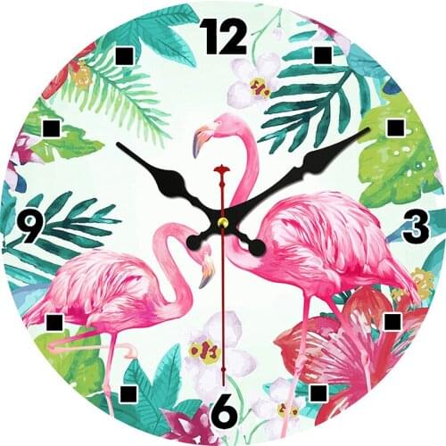 Wall Clock Pink Flamingo Spring Leaf Flowers Lake Silent Non Ticking Round Clocks, Flamingos Birds Ocean Floral Clocks 14 Inch