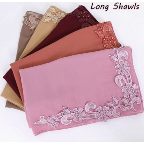 Summer Lace floral scarf hijabs plain color islamic scarves turban solid chiffon wraps beads Long shawls muslim headscarf wraps