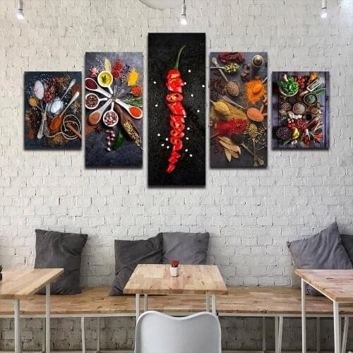 Frameless Poster Modular 5pcs Herbs Spices Food Canvas Painting Wall Art HD Printing Picture Home Decoration Kitchen Restaurant