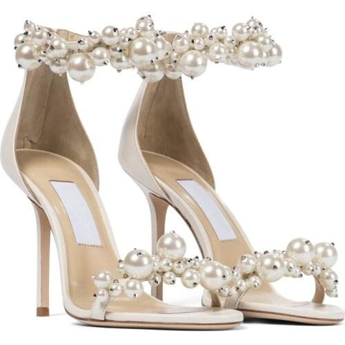 2021 New A-Word Buckle White Pearl Sandals Women Fashion High Heels Stiletto Wedding Shoes Women Party Sandalias de las mujeres