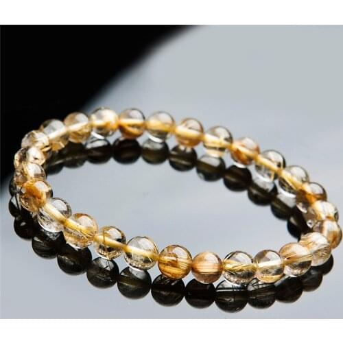 7mm Genuine Natural Yellow Gold Hair Titanium Rutilated Quartz Crystal Round Clear Beads Women Femme Charm Stretch Bracelets