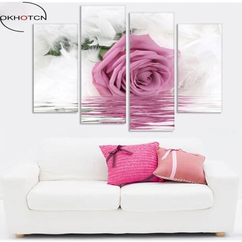 OKHOTCN 4 Pieces Pink Rose Painting Canvas Framed Wall Art Picture Home Decoration Living Room Canvas Print Modern Painting