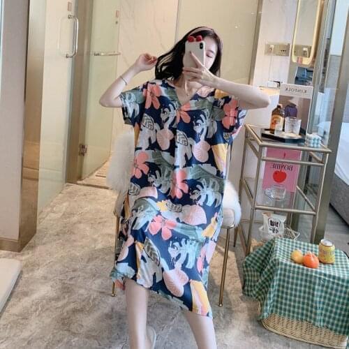 2021 summer new cotton silk pajamas womens short sleeve cartoon printed home wear large loose cotton silk skirt