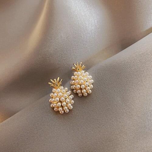Exknl Geometric Fruit Women Classic Stud Earrings Pineapple Simulated Pearl Earrings Female Fashion Earrings Female Jewelry 2020