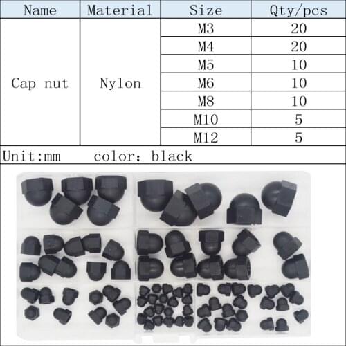 80Pcs M3-M12 Black or White Decorative Plastic Acorn Nuts Assortment Kit Set Protection Dome Head Decorate Cap Hex Cover Nuts