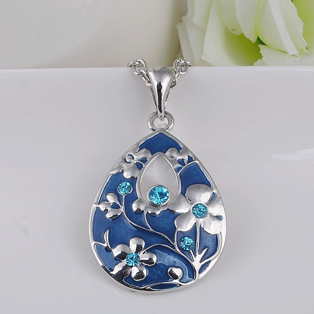 Stylish Enamel Mosaic Crystal Teardrop-shaped Pendant European Luxury Brands Necklace Free Shipping