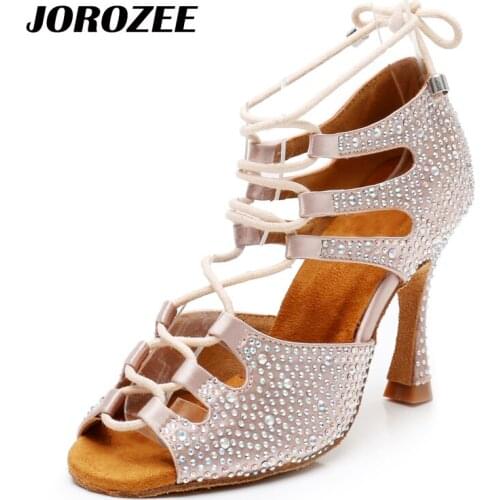 JOROZEE Latin Dance Shoes Women Skin Satin Rhinestones Wedding Party Squre Ballroom Dancing Shoes Strap Cuba Heel Soft Outsole