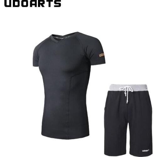 Udoarts Compression V-Neck Shirt and 100% Cotton Shorts- Fitness Yoga Running Training Suit for Men