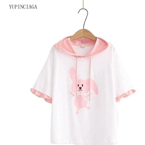 Women Hooded Sweatshirts Summer 2021 Cute Rabbit Print Harajuku Short Sleeve Cotton Patchwork Hoodies Girl Sweet Pullovers 16779