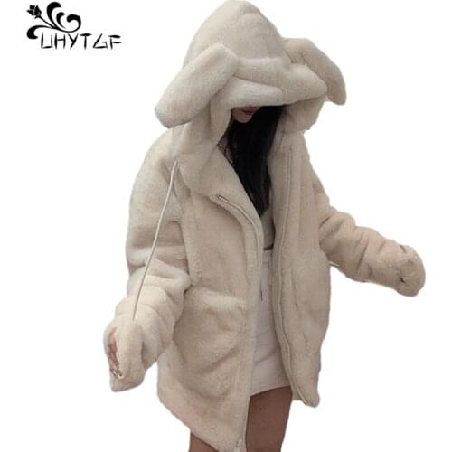 UHYTGF Faux Fur Rabbit Fur Jacket Women Top Short Coat Autumn Winter Rabbit Ear Hooded Fur Coat Female Abrigo Mujer Invierno 959