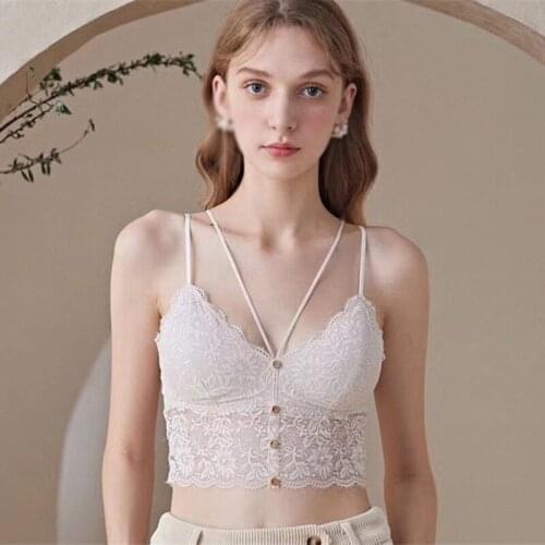 Women Deep V-neck Bras Fashion Tank Tops Hanging Neck Summer Camis Sexy Hollow Lace Bra