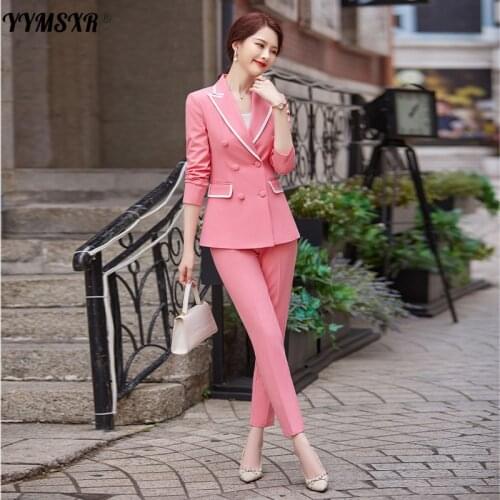 Womens Professional Suits High-quality Temperament Slim Double-breasted Long-sleeved Office Blazer+ Casual Trousers 2-piece Set