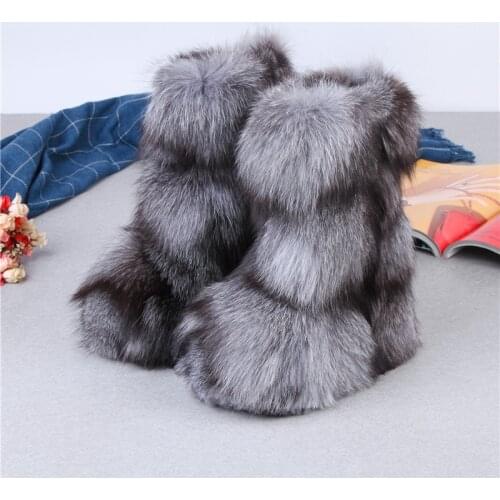 Womens Round Toe Mid Calf Boots Real Sliver Fox Fur Furry Hidden Heel Warm Winter Snow Shoes Custom Made Colors New 2022