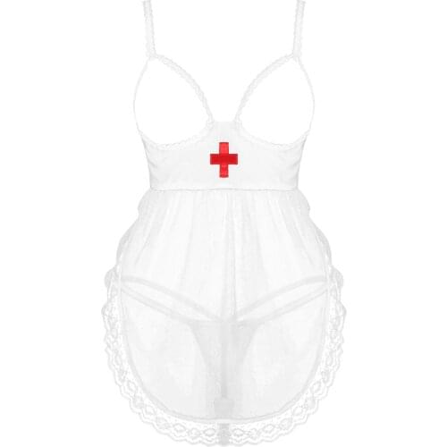 Womens Mesh Patchwork Nurse Suit Sleepwear Lingerie Exotic Costumes Set Nightwear Lace Trimming Babydoll with Headband T-Back