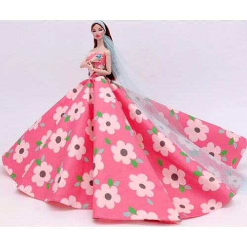 1:6 Off Shoulder Pink Floral Princess Dress Doll Clothes For Barbie Clothes Wedding Party Gown 1/6 BJD Dolls Accessories DIY Toy